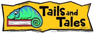Tails & Tails logo with green chameleon laying on a book